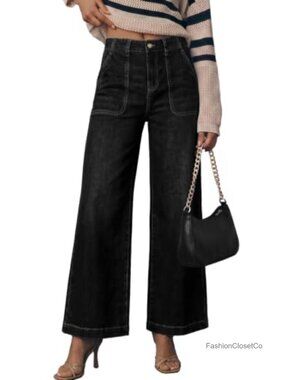 High Waisted Wide Leg Baggy Jeans for Women Stretchy Denim Pants